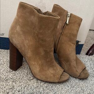 Sam Edelman Tan Suede Peep-Toe Ankle Booties with Chunky Heel